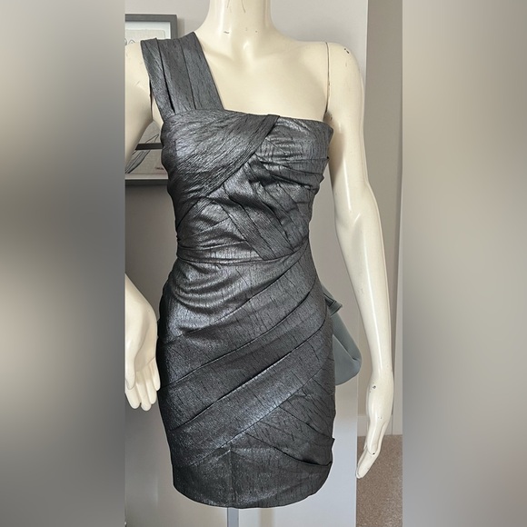 NWT Reiss Silver Gunmetal One Shoulder Mini Dress - Picture 7 of 8